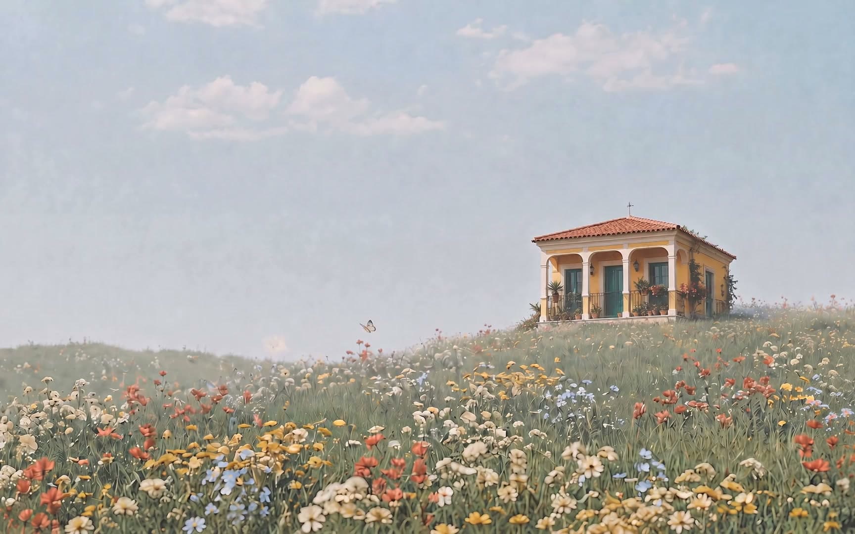 A yellow casita on a wildflower hill under a calm sky